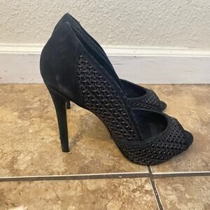Schutz  Black Leather Suede Woven Peep Toe Stiletto Heels Pumps Size 6